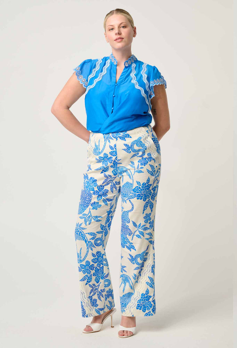 Thalassa Placement Embroidered Silk Cotton Flutter Sleeve Top | Topaz