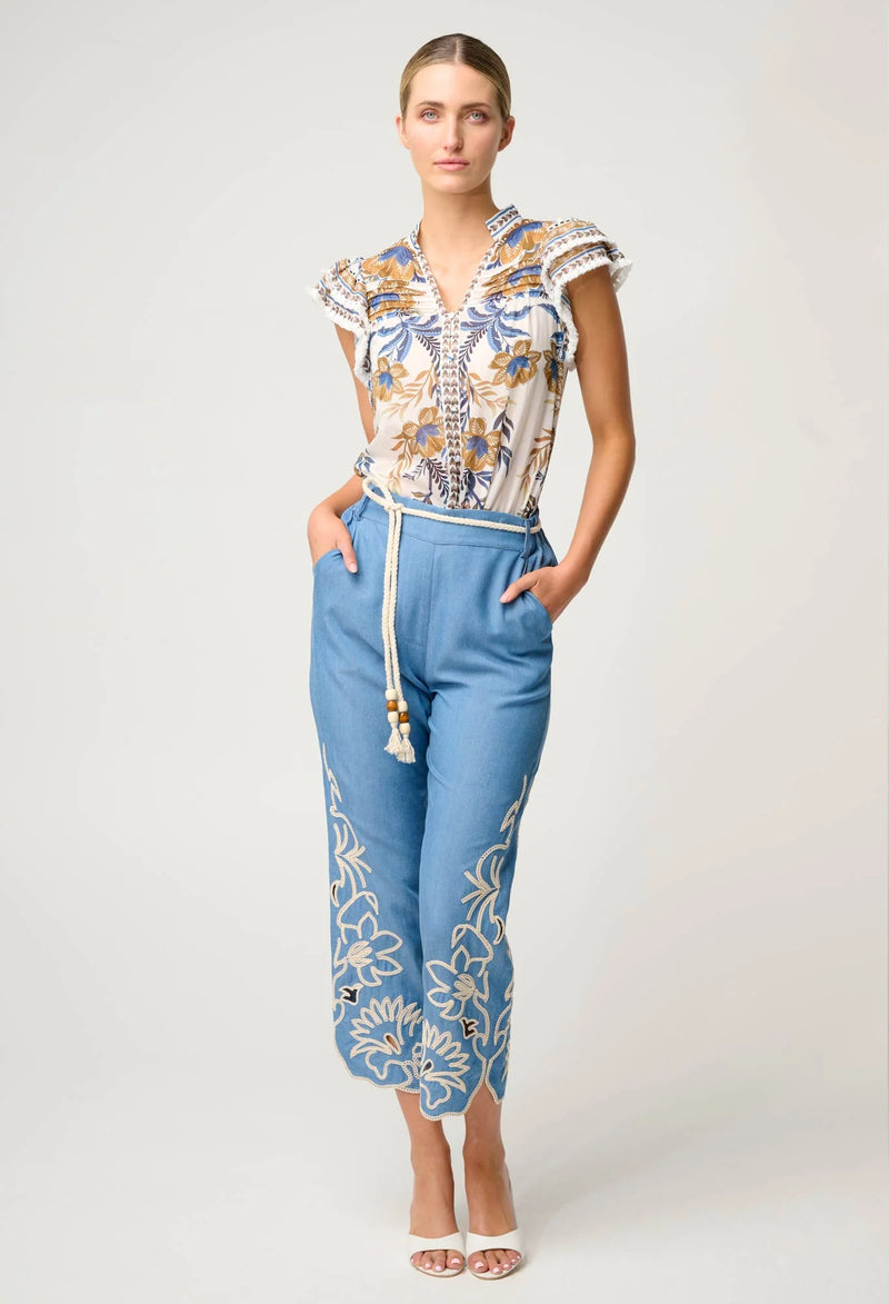 Luma Silk Cotton Flutter Sleeve Trim Top | Golden Medina