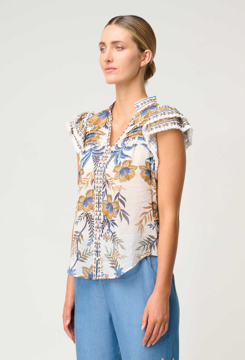 Luma Silk Cotton Flutter Sleeve Trim Top | Golden Medina