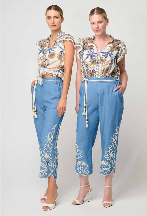 Luma Silk Cotton Flutter Sleeve Trim Top | Golden Medina
