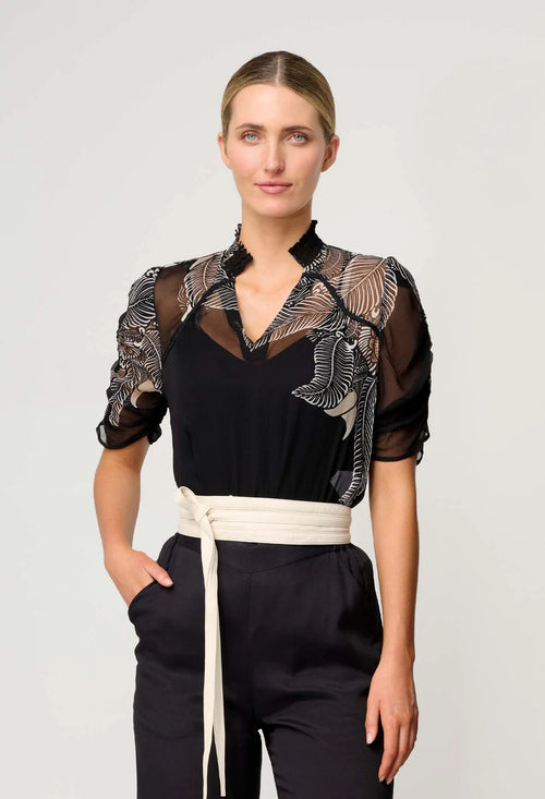Samira Viscose Chiffon Ruched Sleeve Blouse | Onyx Casablanca