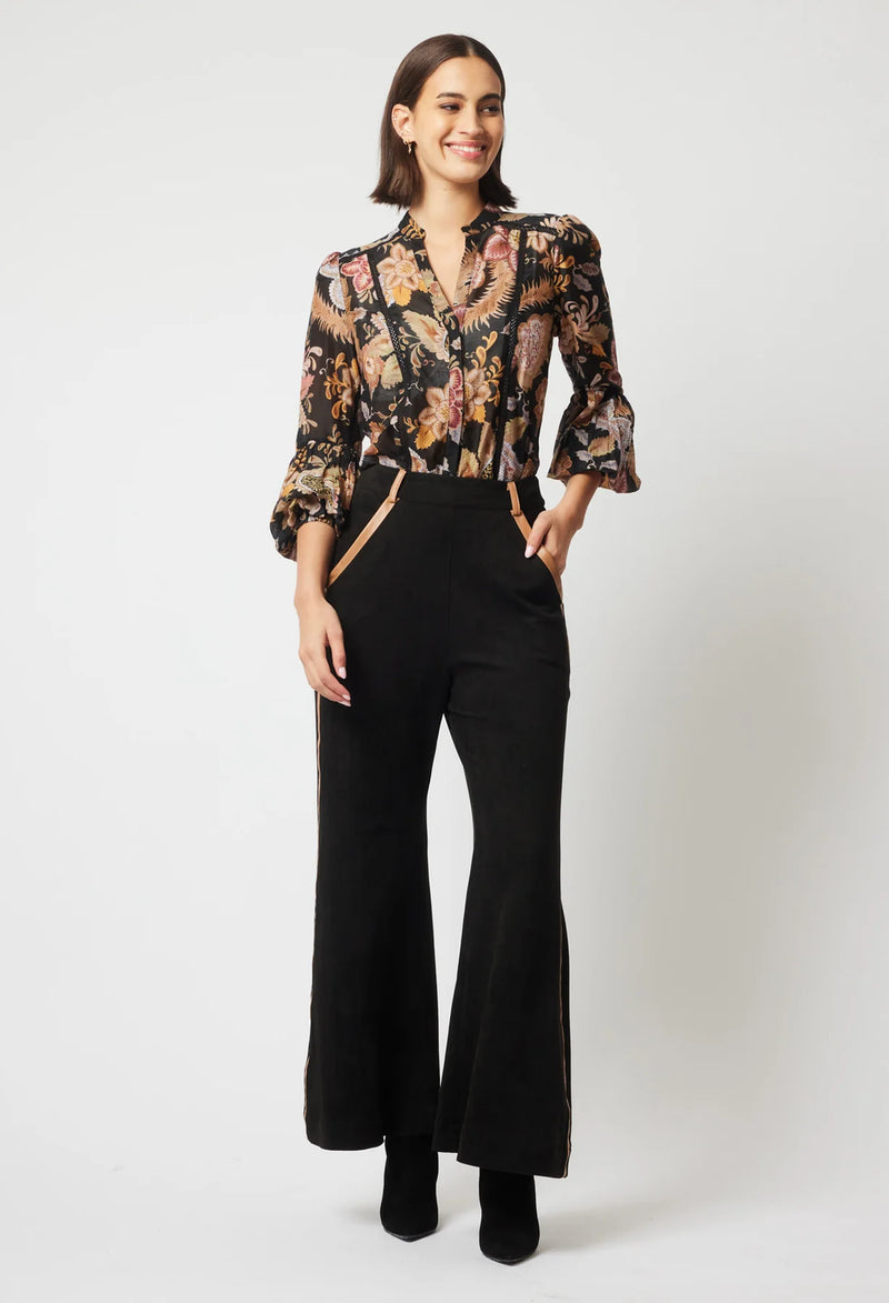 DANXIA FAUX SUEDE CONTRAST TRIM WIDE LEG PANT