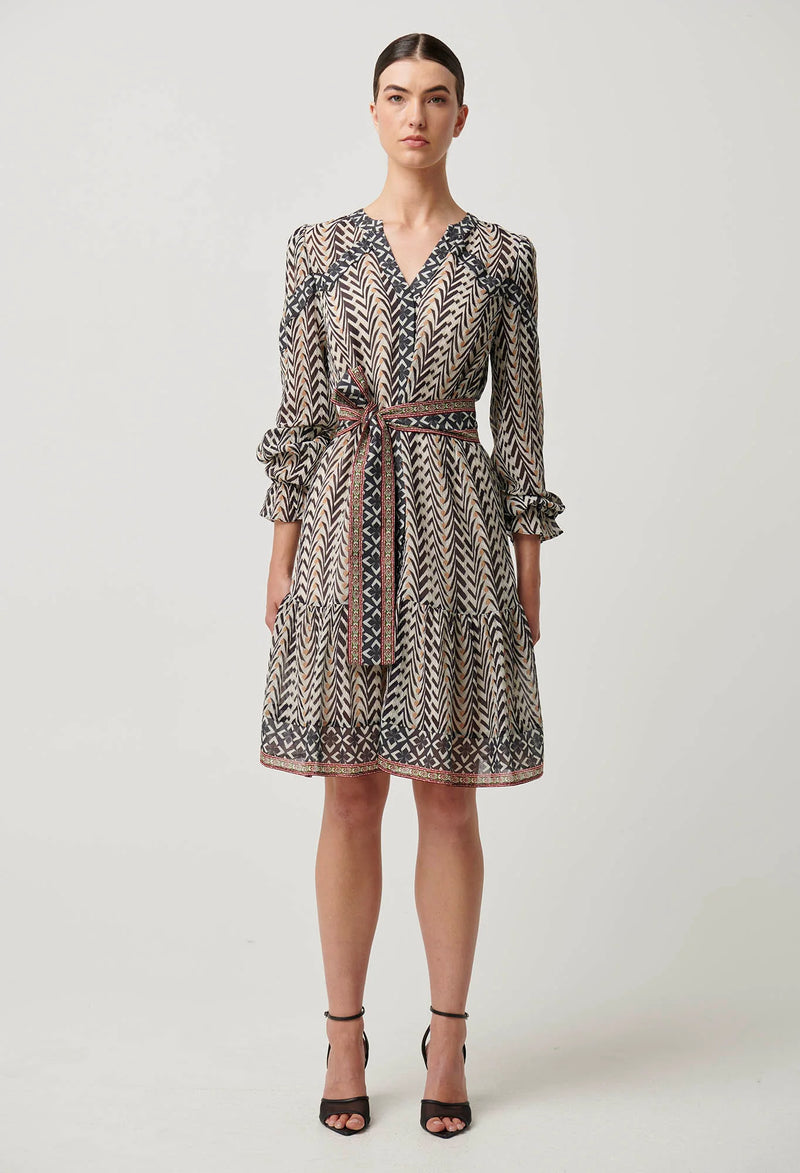 Bailey Crinkle Cotton Silk Contrast Panel Tie Waist Dress | Bromegrass Print