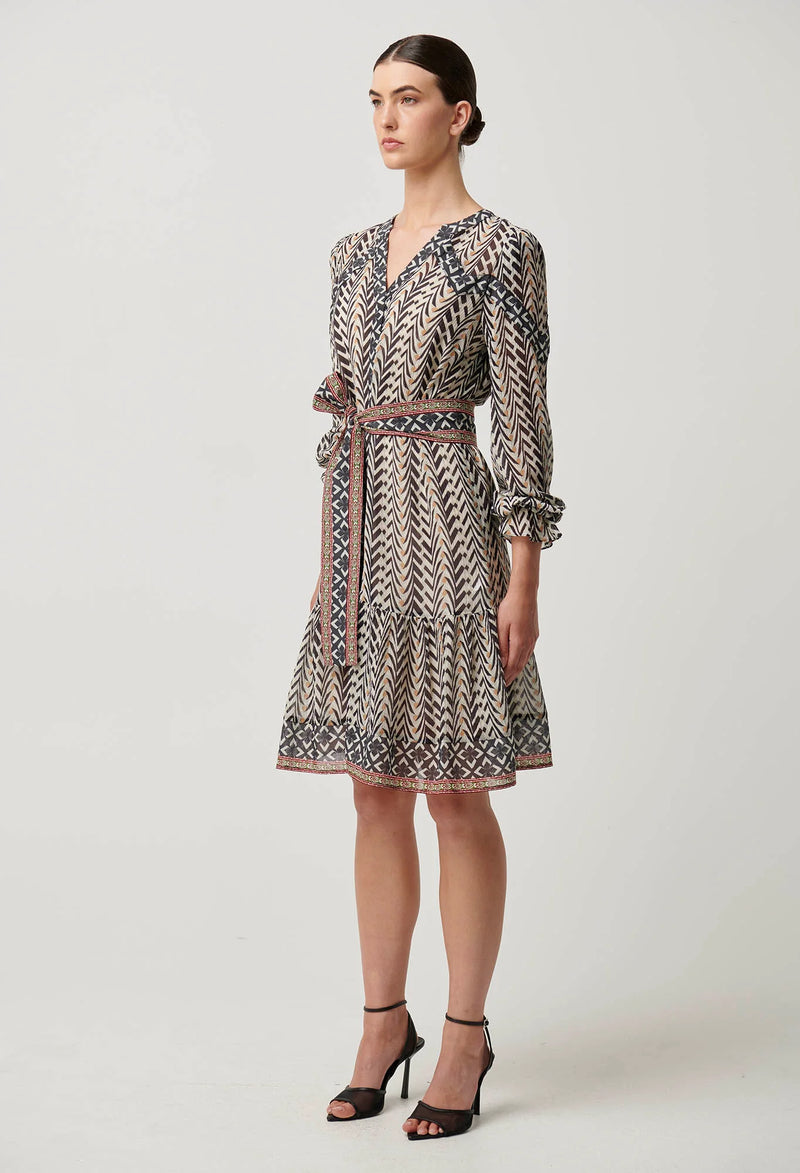 Bailey Crinkle Cotton Silk Contrast Panel Tie Waist Dress | Bromegrass Print
