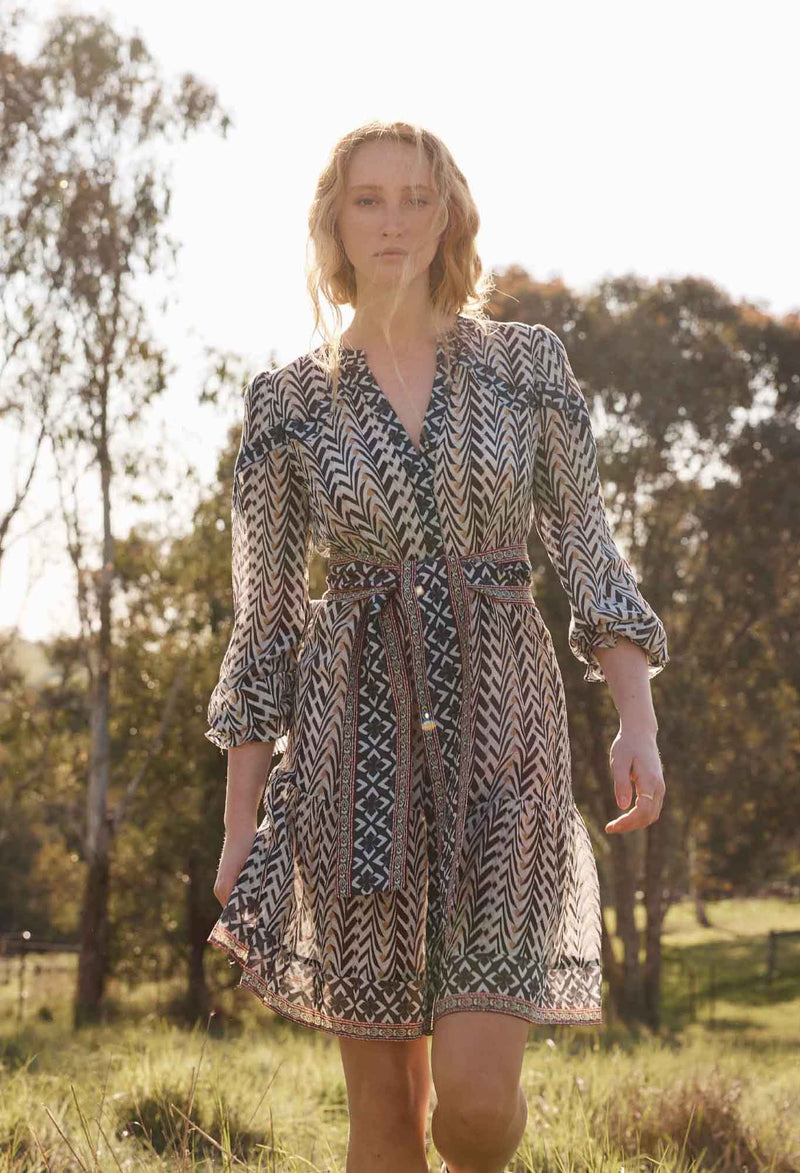 Bailey Crinkle Cotton Silk Contrast Panel Tie Waist Dress | Bromegrass Print