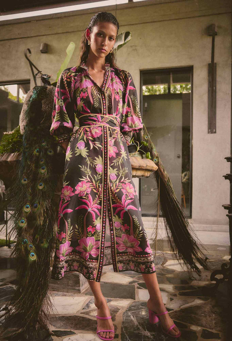 Carmen Silk Cotton Placement Print Maxi Dress | Ánthos Iótos