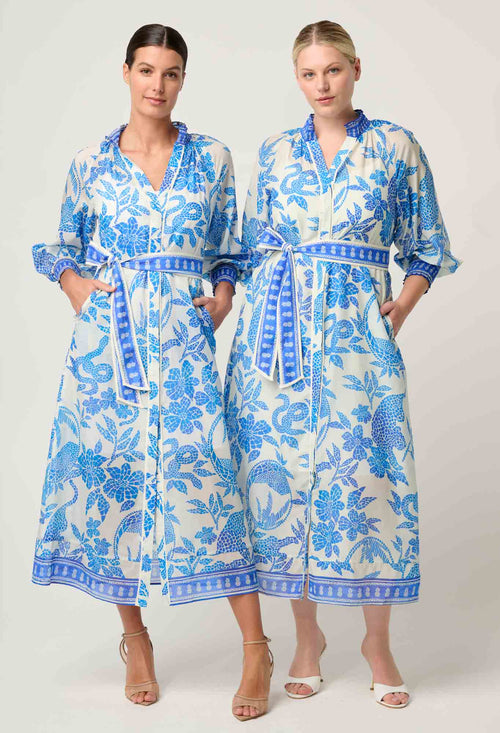 Carmen Silk Cotton Placement Print Maxi Dress | Azure Mosaic
