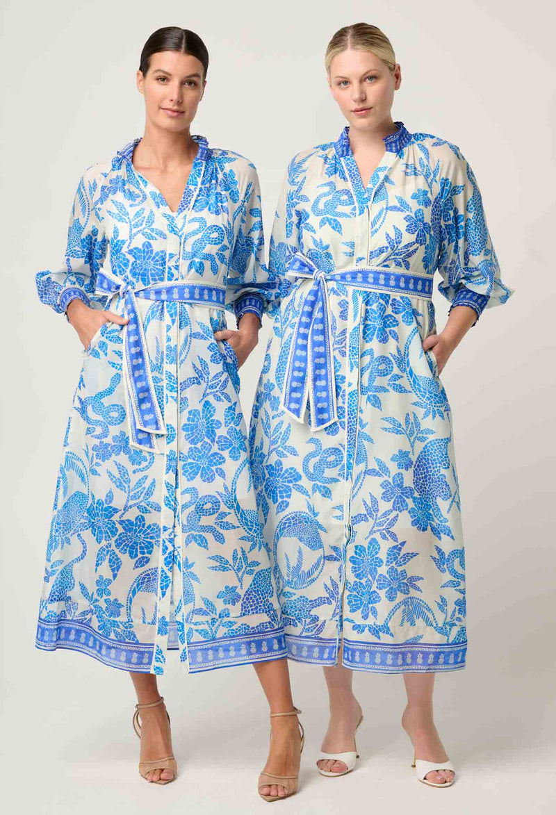 Carmen Silk Cotton Placement Print Maxi Dress | Azure Mosaic