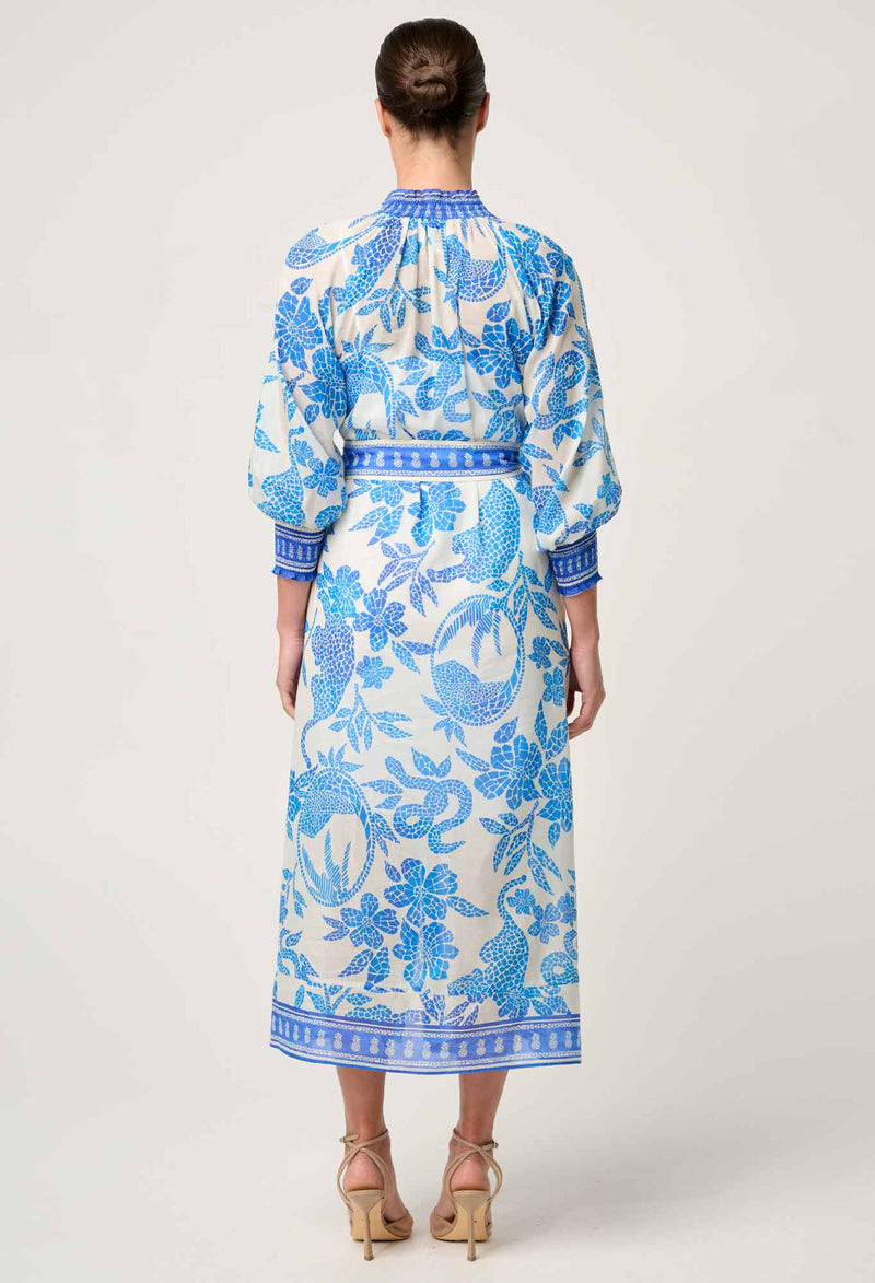 Carmen Silk Cotton Placement Print Maxi Dress | Azure Mosaic
