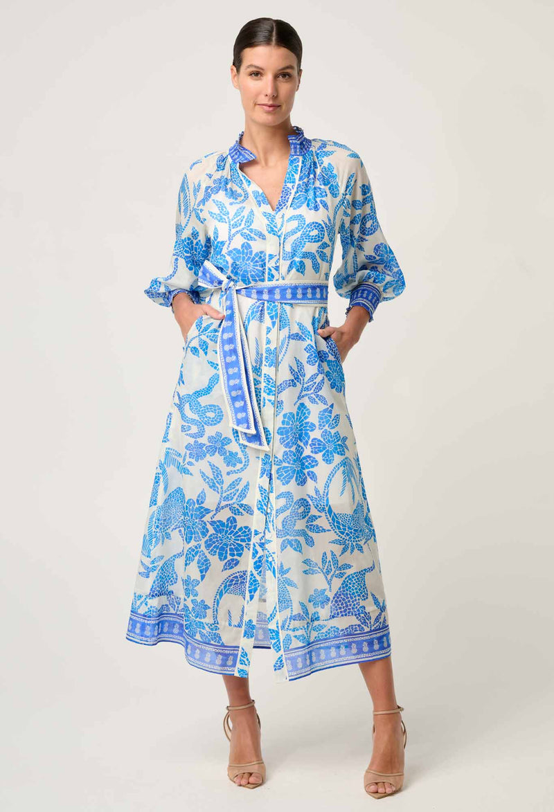 Carmen Silk Cotton Placement Print Maxi Dress | Azure Mosaic