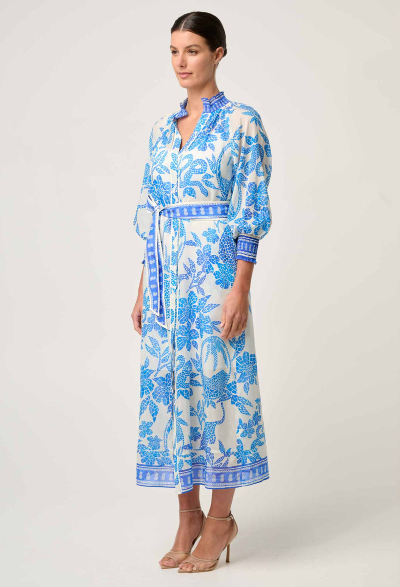 Carmen Silk Cotton Placement Print Maxi Dress | Azure Mosaic
