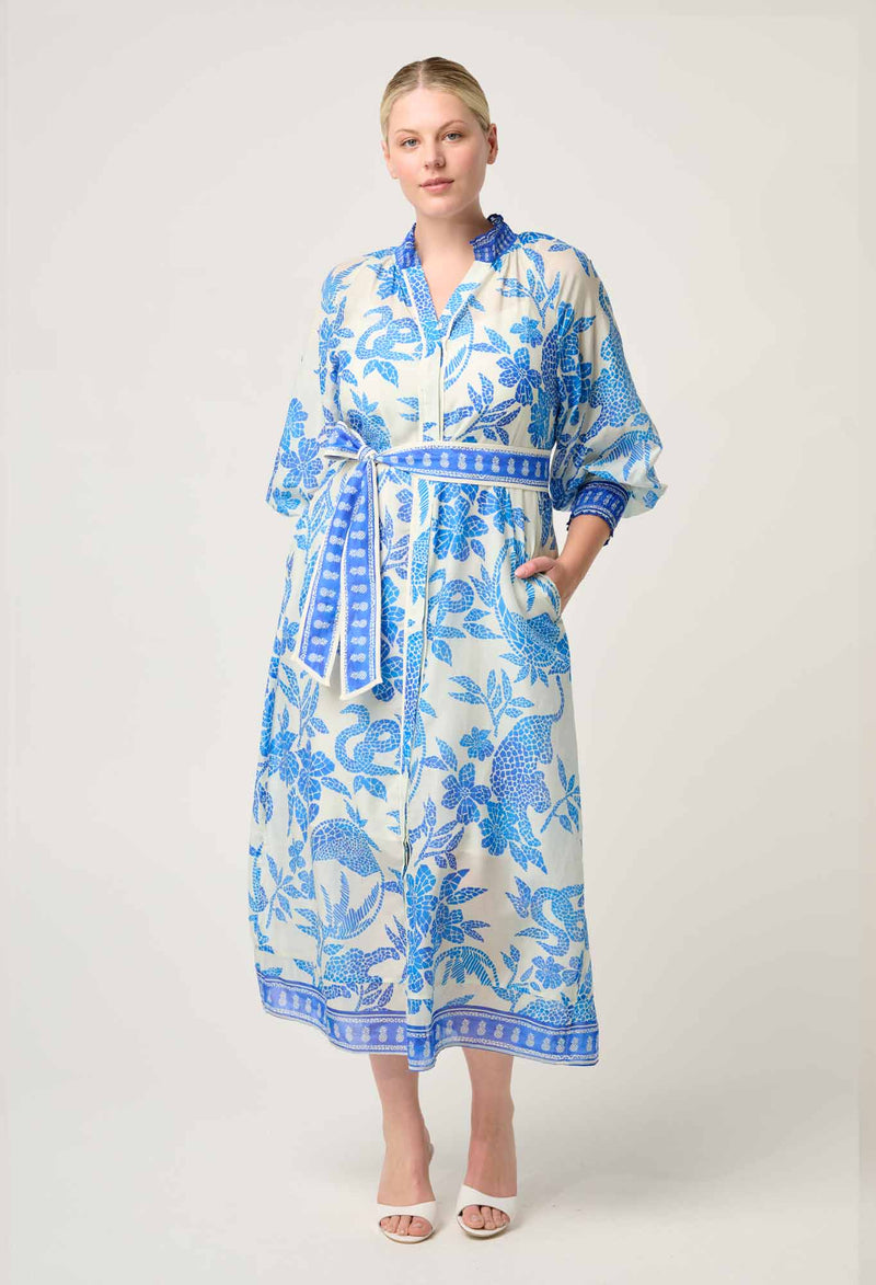 Carmen Silk Cotton Placement Print Maxi Dress | Azure Mosaic