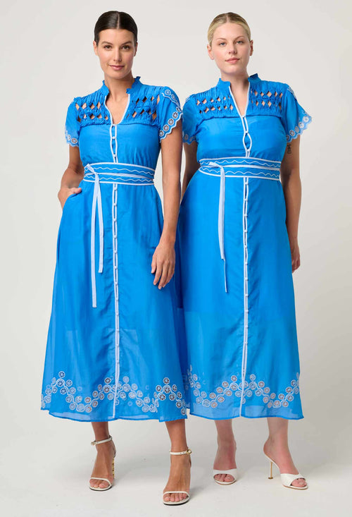Xanthia Diamond Smock Yoke Silk Cotton Embroidered Dress | Blue Topaz