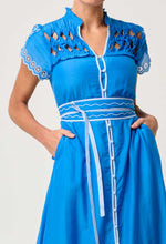 Xanthia Diamond Smock Yoke Silk Cotton Embroidered Dress | Blue Topaz