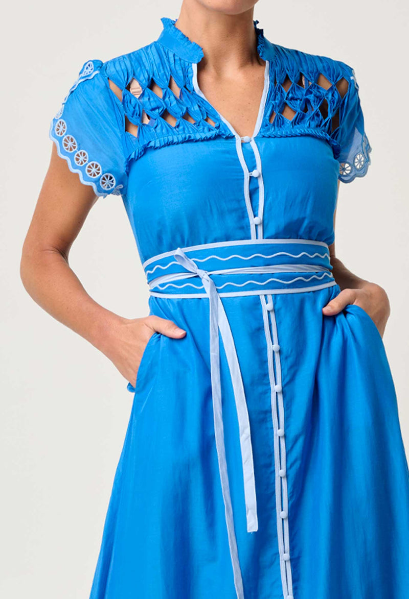 Xanthia Diamond Smock Yoke Silk Cotton Embroidered Dress | Blue Topaz