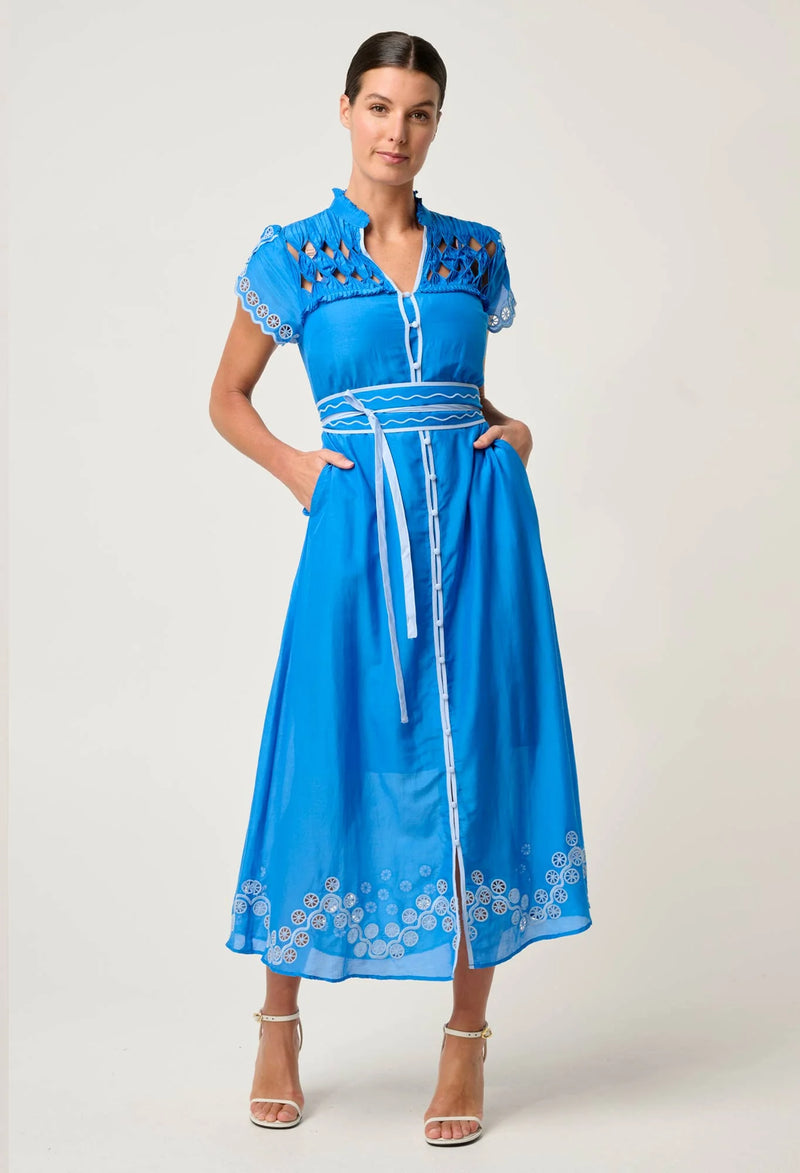 Xanthia Diamond Smock Yoke Silk Cotton Embroidered Dress | Blue Topaz