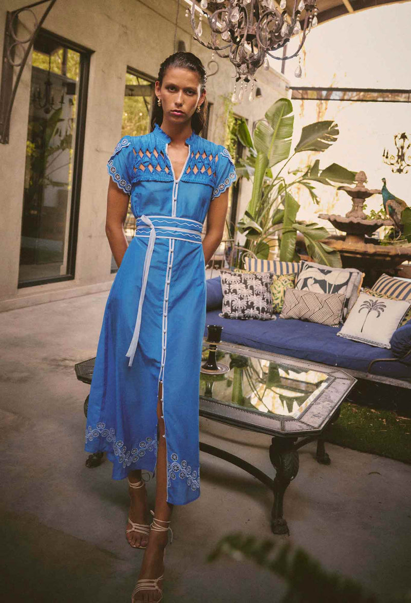 Xanthia Diamond Smock Yoke Silk Cotton Embroidered Dress | Blue Topaz
