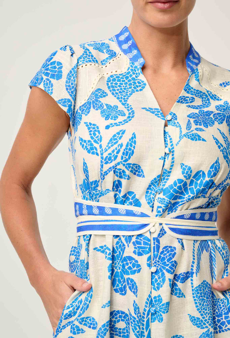 Adriana Linen Yoke Dress | Azure Mosaic