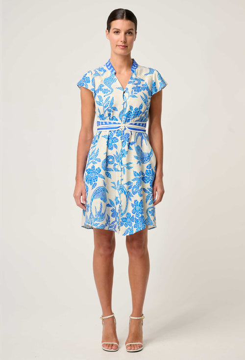 Adriana Linen Yoke Dress | Azure Mosaic