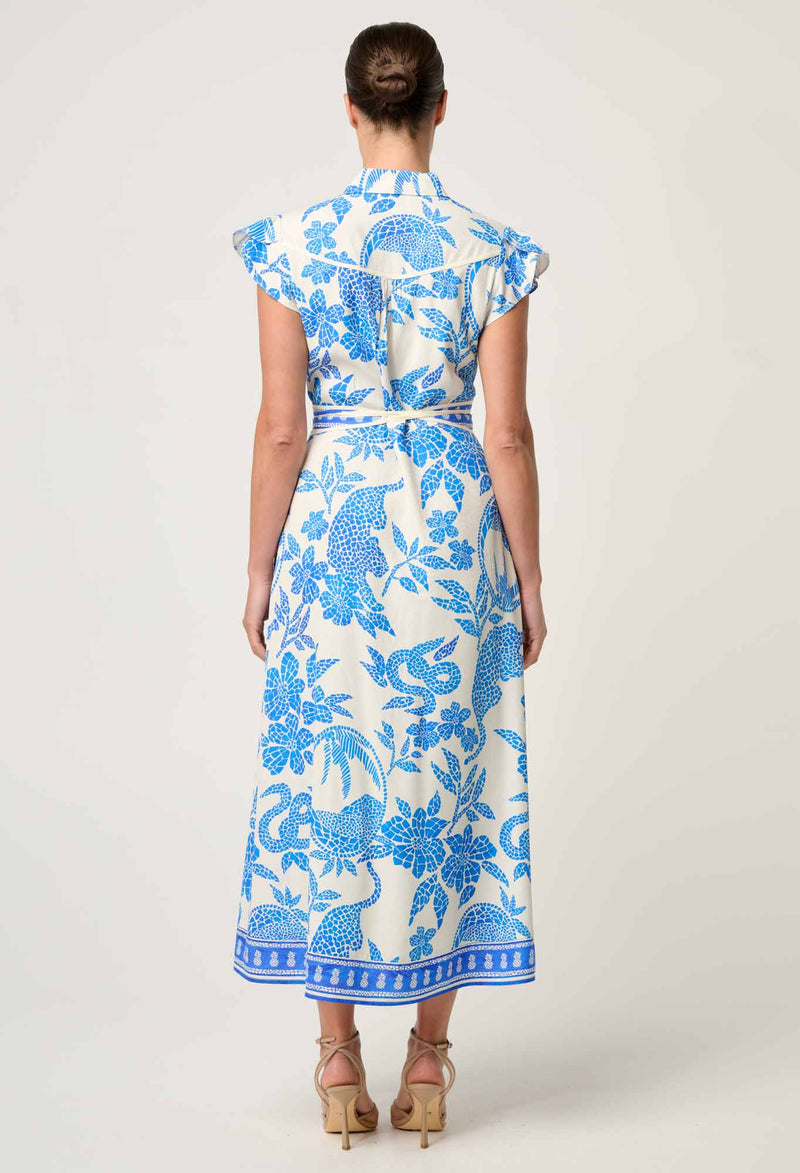 Callista Placement Print Viscose Dobby Petal Sleeve Dress | Azure Mosaic