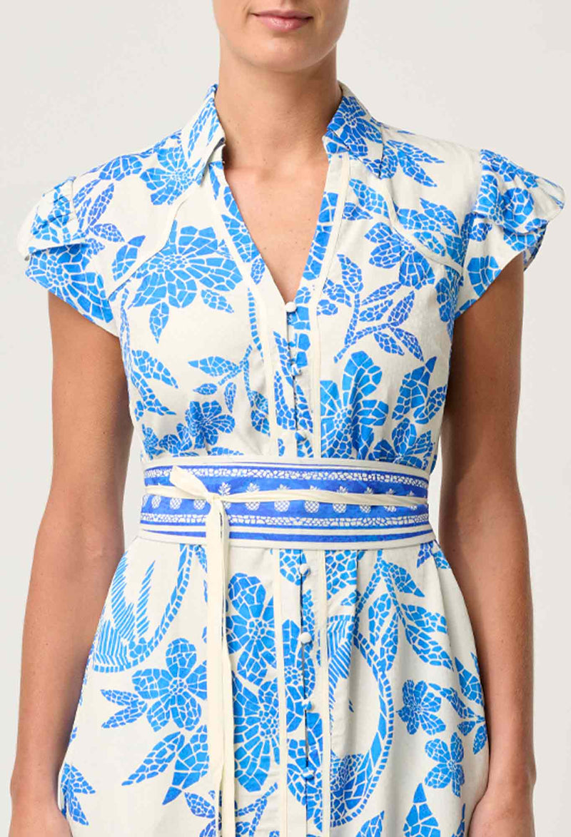 Callista Placement Print Viscose Dobby Petal Sleeve Dress | Azure Mosaic