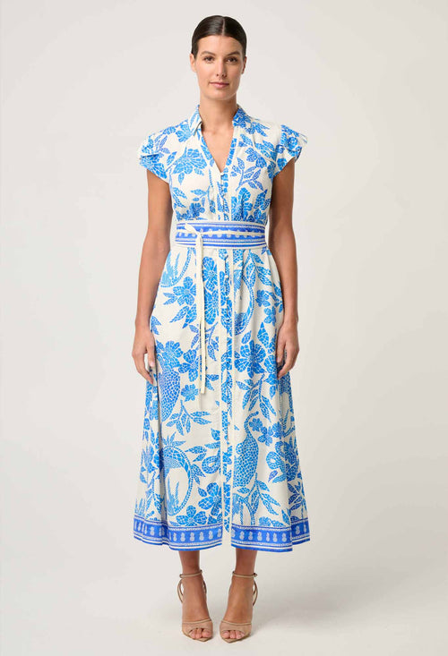 Callista Placement Print Viscose Dobby Petal Sleeve Dress | Azure Mosaic