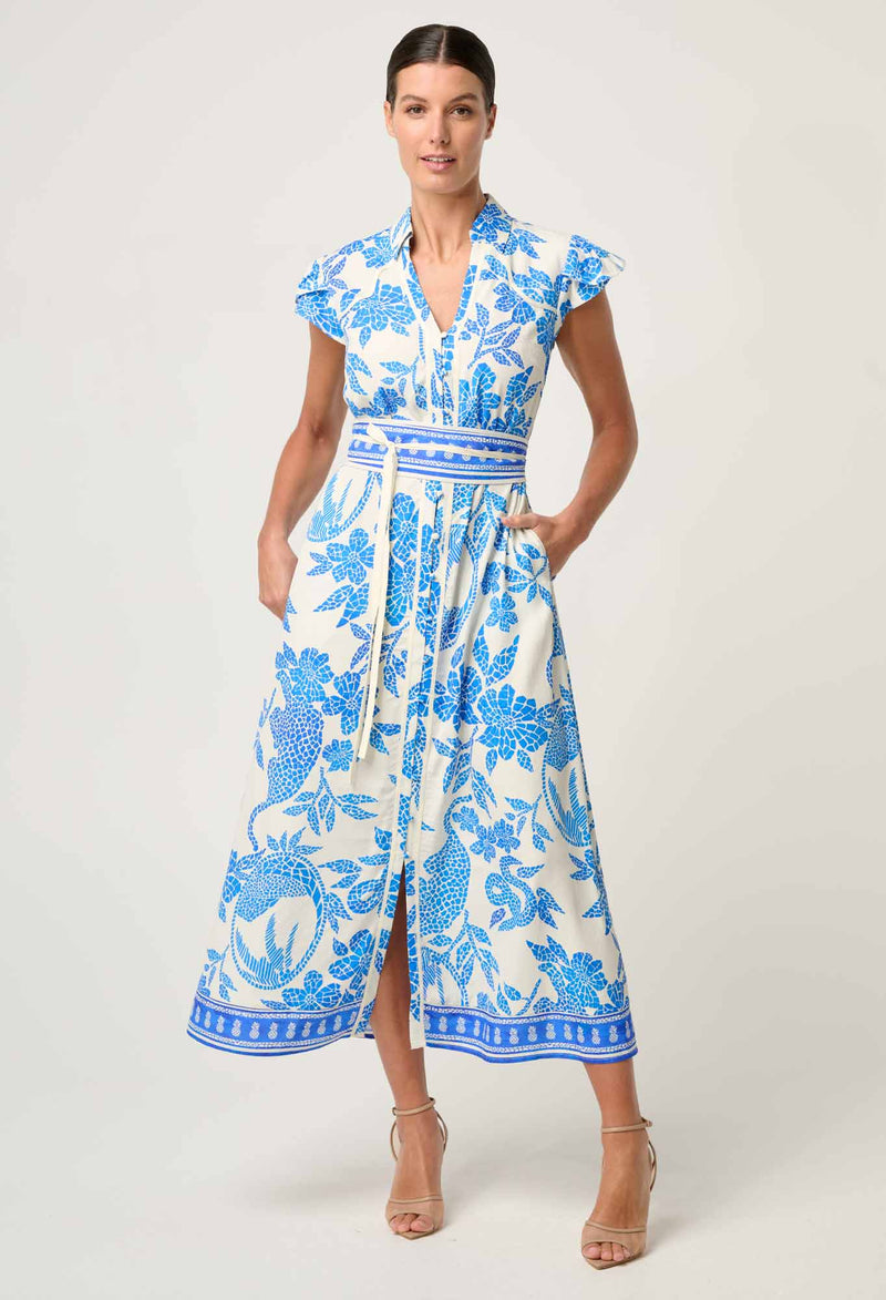 Callista Placement Print Viscose Dobby Petal Sleeve Dress | Azure Mosaic