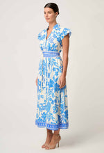 Callista Placement Print Viscose Dobby Petal Sleeve Dress | Azure Mosaic