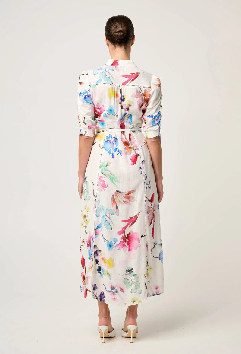 Xenia Contrast Trim Yoke Linen Viscose Dress | Plume Blossom