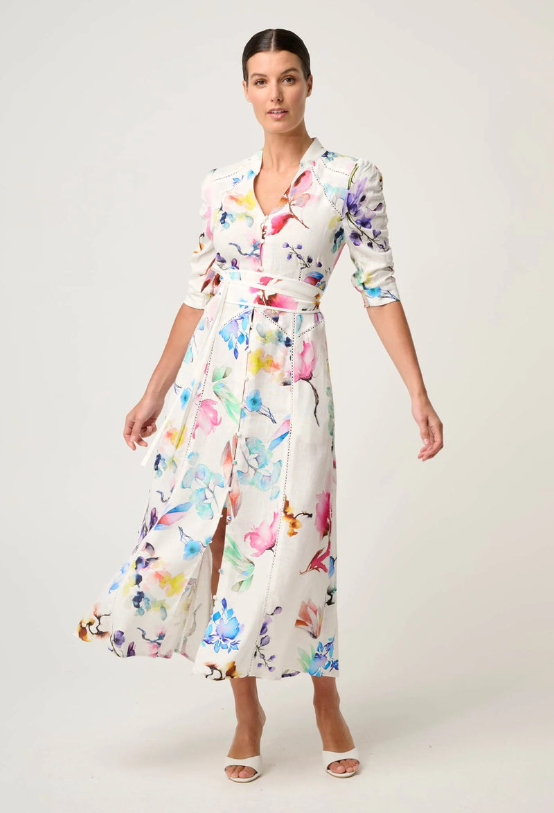 Xenia Contrast Trim Yoke Linen Viscose Dress | Plume Blossom