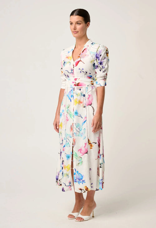 Xenia Contrast Trim Yoke Linen Viscose Dress | Plume Blossom