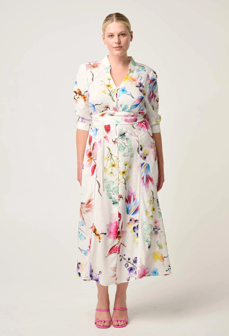 Xenia Contrast Trim Yoke Linen Viscose Dress | Plume Blossom