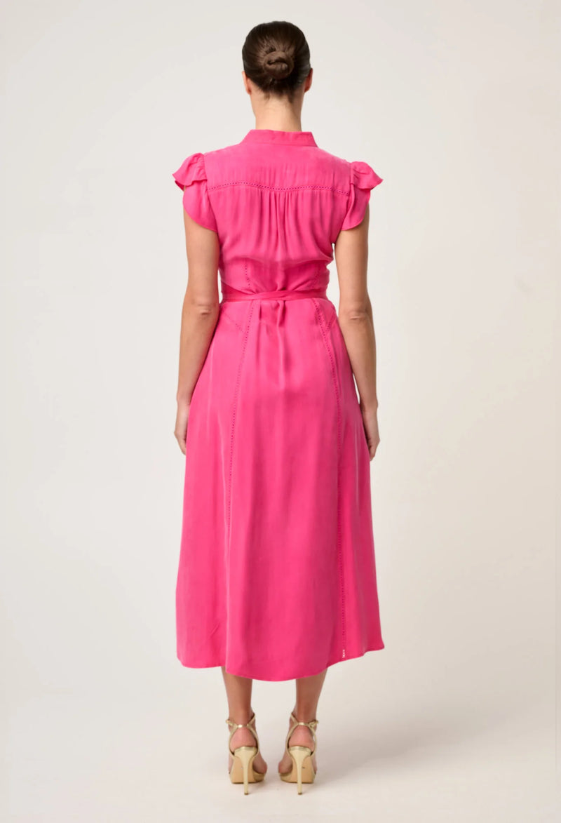 Athena Cupro Viscose Trim Detail Flutter Sleeve Dress | Celosia Pink