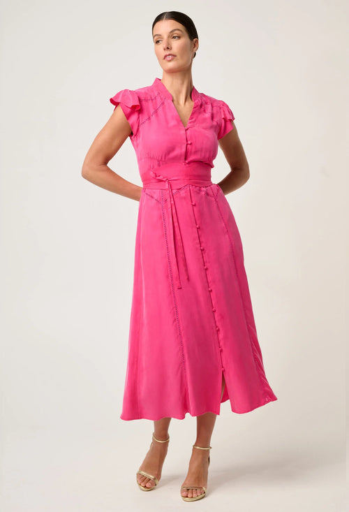Athena Cupro Viscose Trim Detail Flutter Sleeve Dress | Celosia Pink
