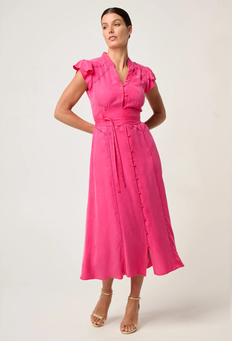 Athena Cupro Viscose Trim Detail Flutter Sleeve Dress | Celosia Pink