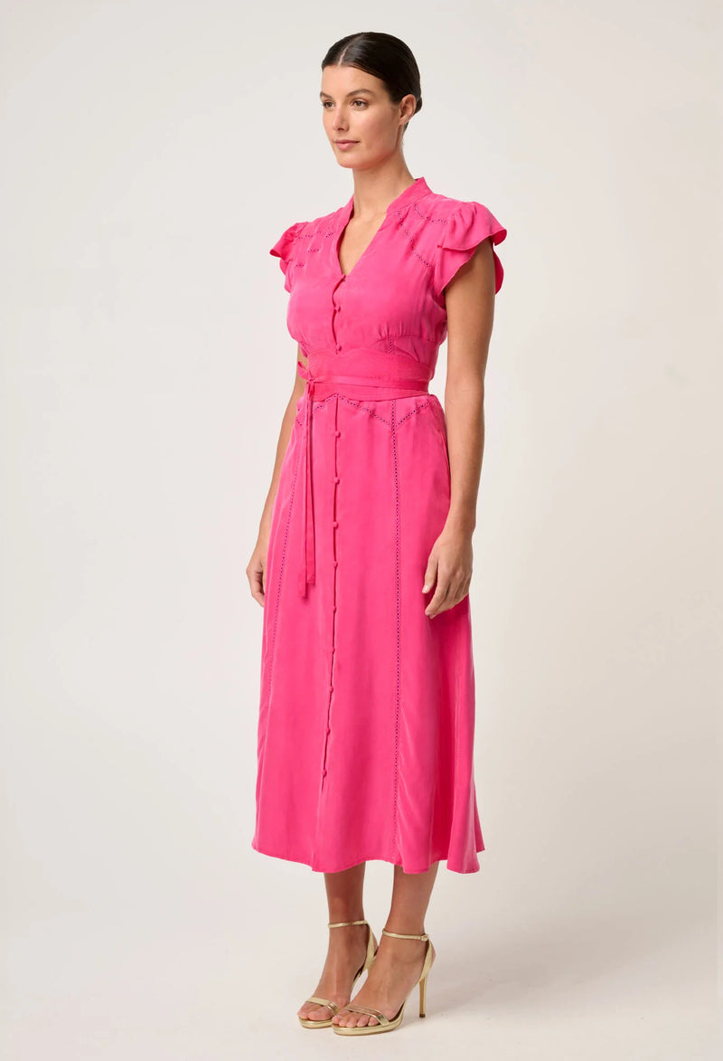 Athena Cupro Viscose Trim Detail Flutter Sleeve Dress | Celosia Pink