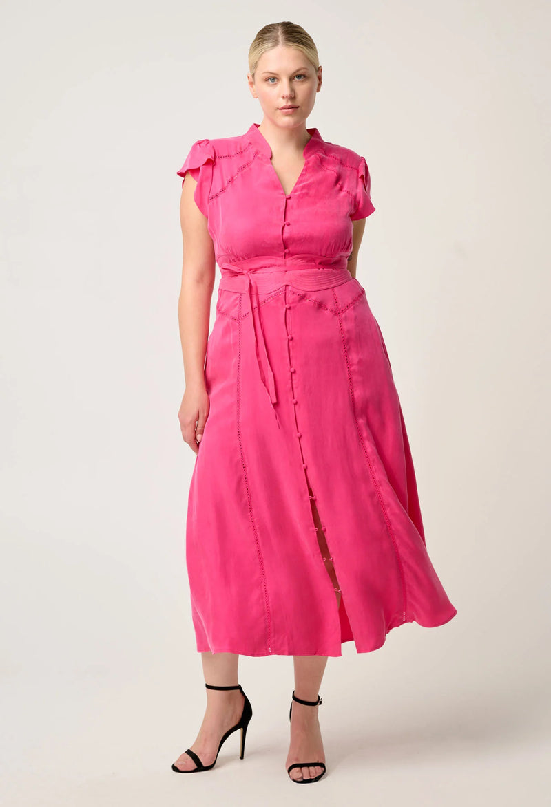 Athena Cupro Viscose Trim Detail Flutter Sleeve Dress | Celosia Pink