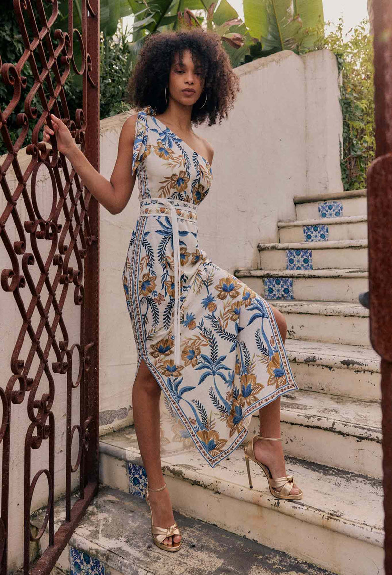 Amira One Shoulder Tie Viscose Faille Dress | Onyx Casablanca