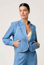 Aurora Reversible Placement Print Linen Viscose & Tencel Fringe Jacket | Petinos Floros/Blue Ash