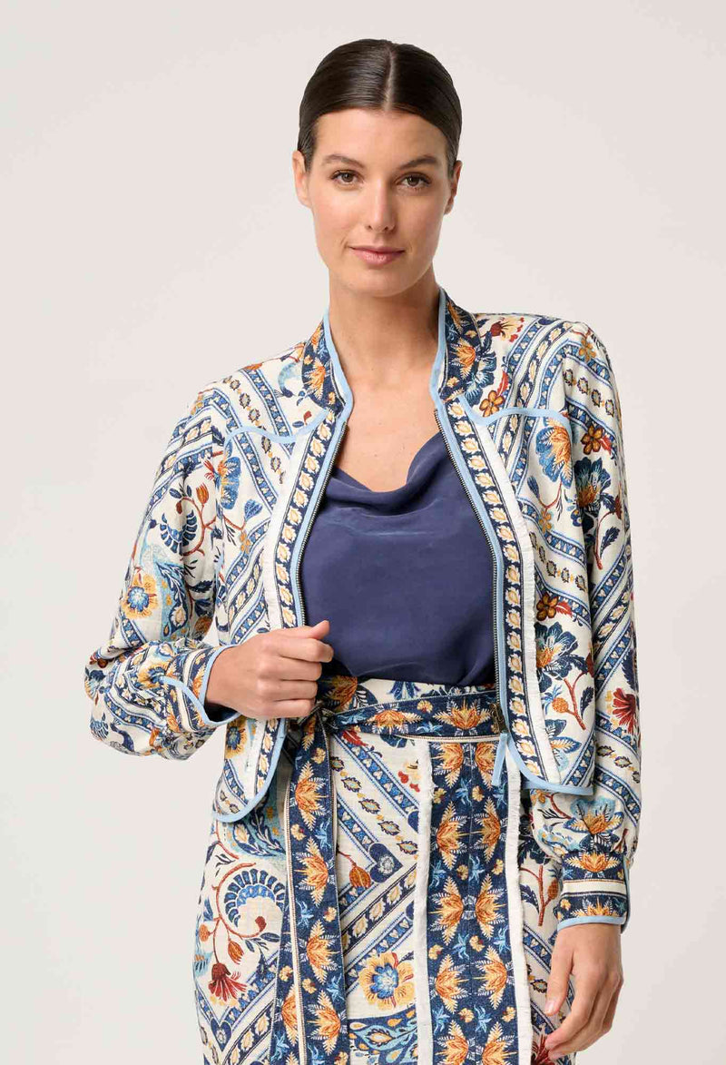 Aurora Reversible Placement Print Linen Viscose & Tencel Fringe Jacket | Petinos Floros/Blue Ash
