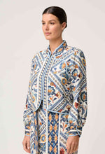 Aurora Reversible Placement Print Linen Viscose & Tencel Fringe Jacket | Petinos Floros/Blue Ash