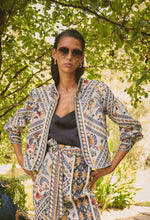 Aurora Reversible Placement Print Linen Viscose & Tencel Fringe Jacket | Petinos Floros/Blue Ash