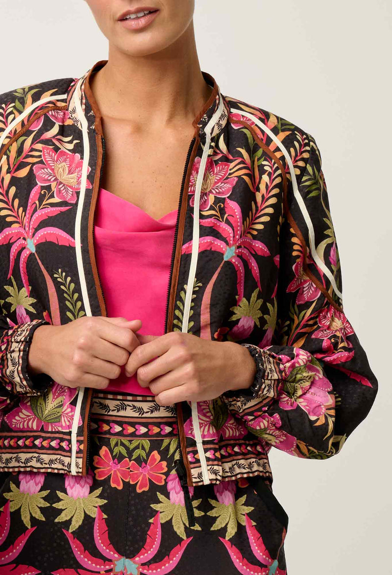 Arabella Reversible Placement Print Viscose Dobby Bind Detail Jacket | Ánthos Iótos/Black