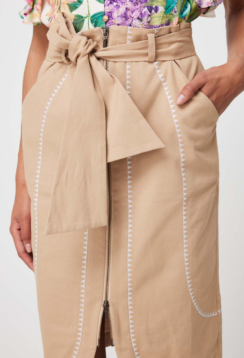 Delray Embroidered Cotton Twill Skirt | Sand