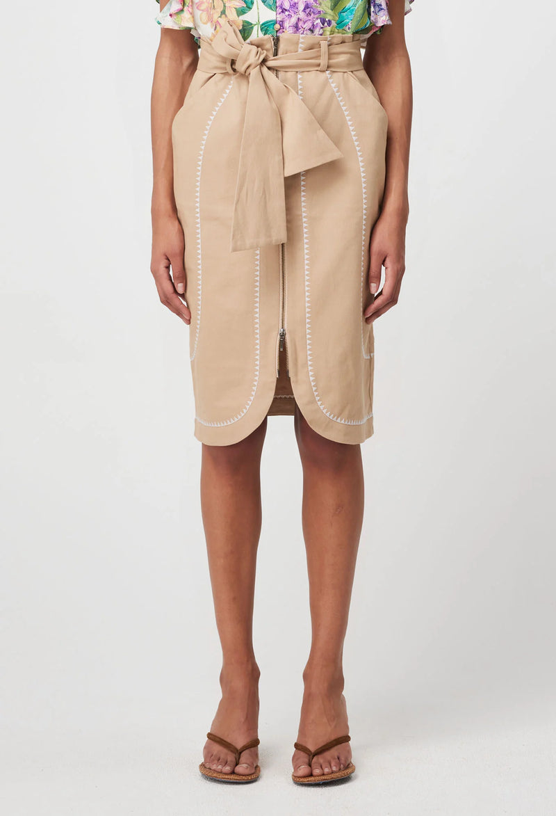 Delray Embroidered Cotton Twill Skirt | Sand