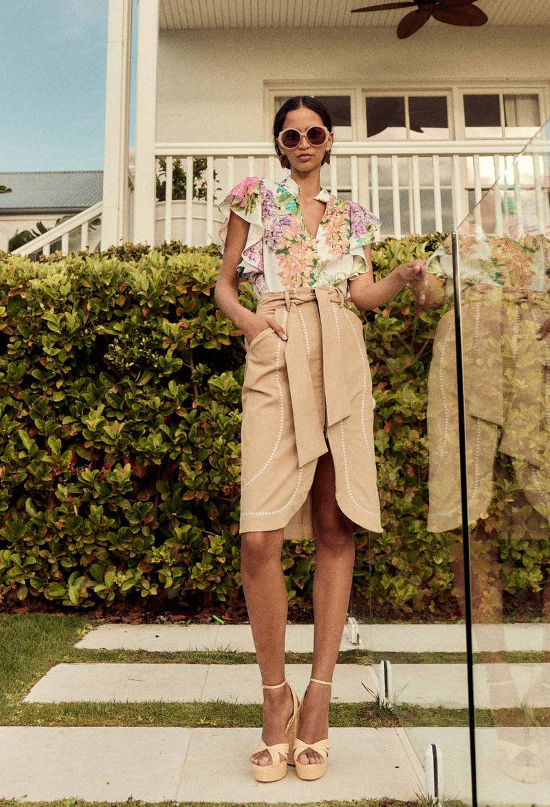 Delray Embroidered Cotton Twill Skirt | Sand