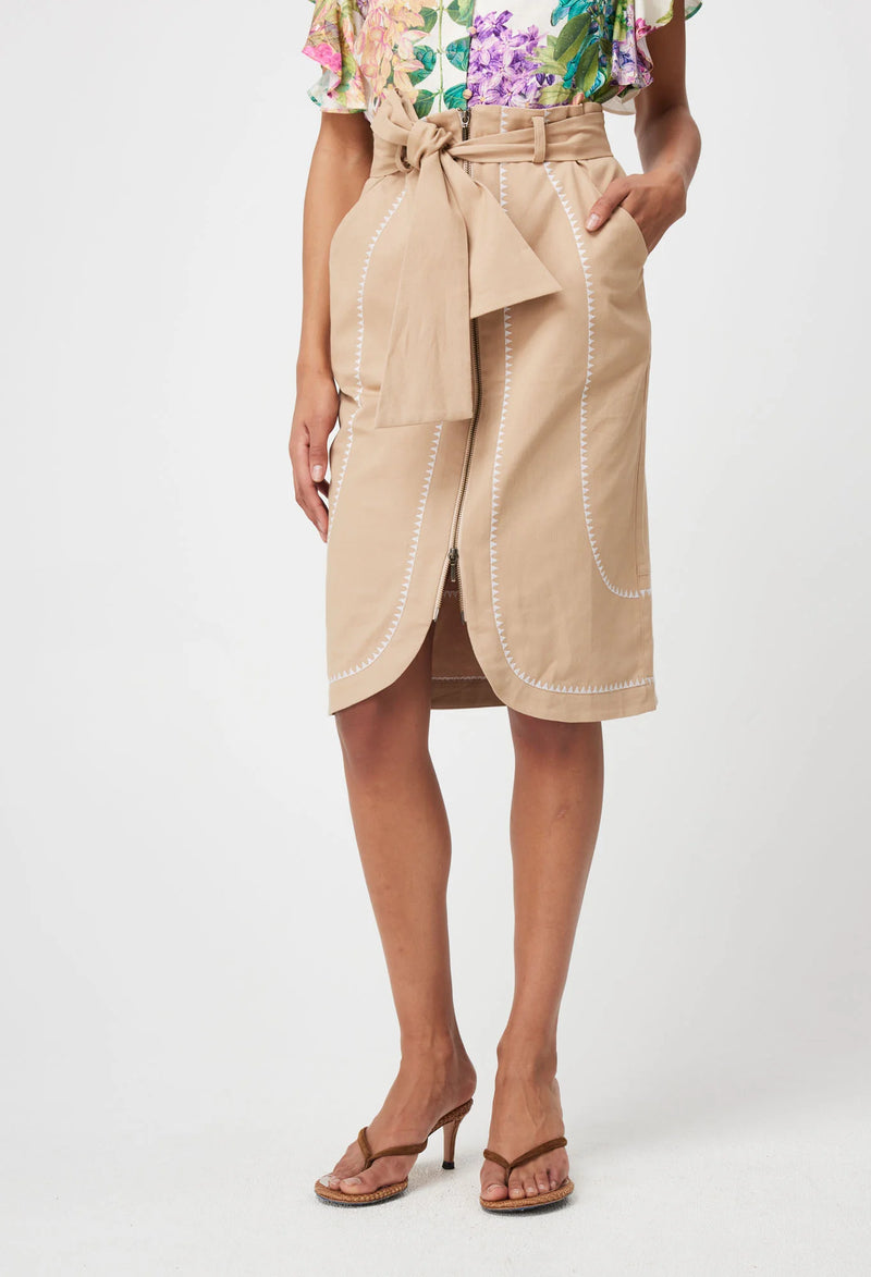 Delray Embroidered Cotton Twill Skirt | Sand