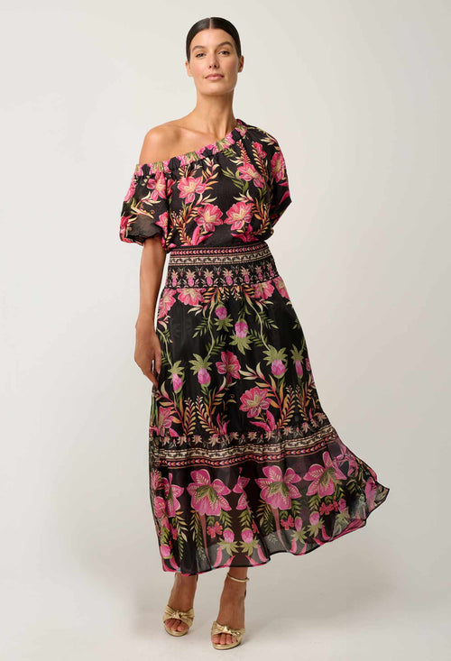 Cordelia Placement Print Shirred Waist Silk Cotton Skirt | Ánthos Iótos