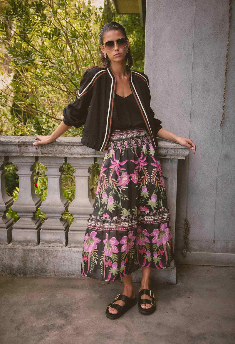 Cordelia Placement Print Shirred Waist Silk Cotton Skirt | Ánthos Iótos