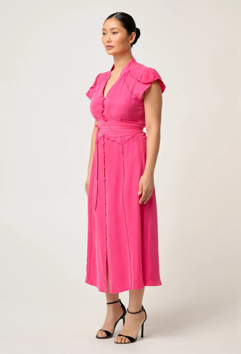 Athena Cupro Viscose Trim Detail Flutter Sleeve Dress | Celosia Pink